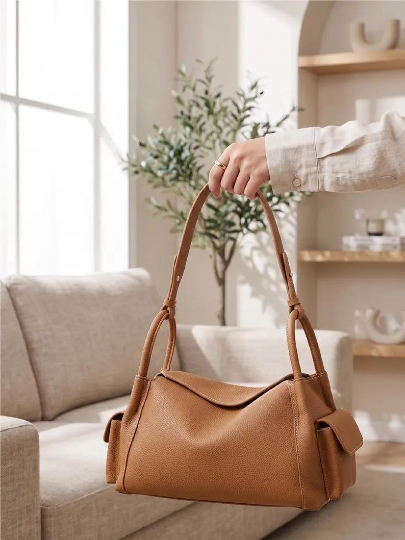 Tan Pebbled Leather Multi Carry Shoulder Crossbody Hobo Bag