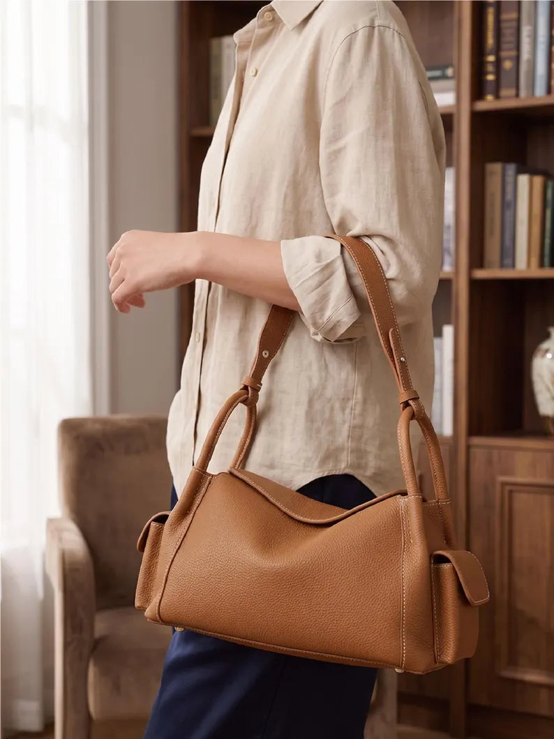 Tan Pebbled Leather Multi Carry Shoulder Crossbody Hobo Bag