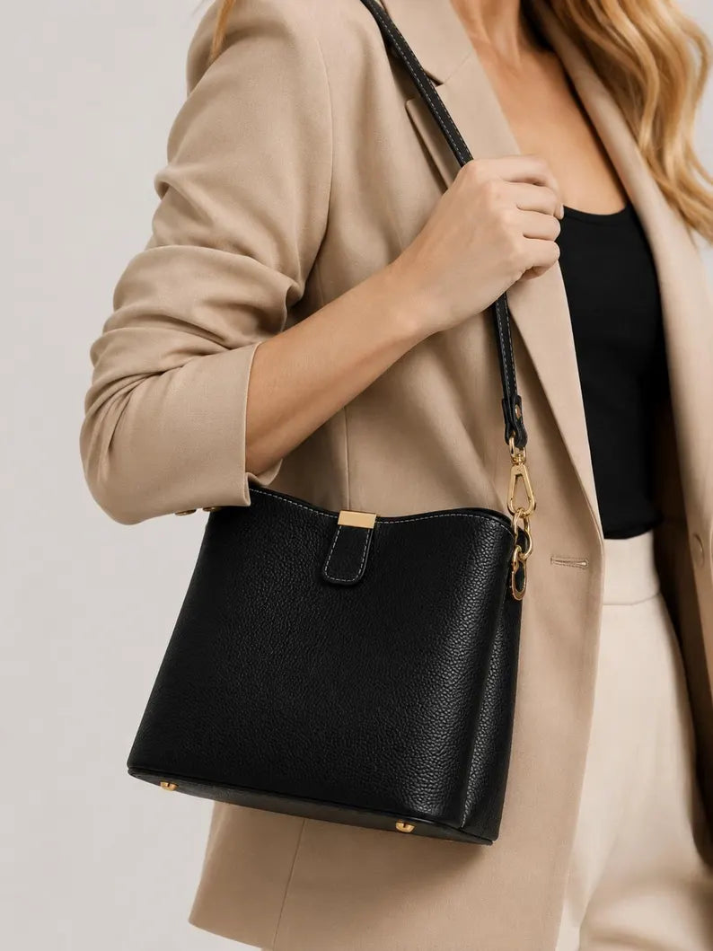 Pebbled Leather Dual Wear Shoulder & Crossbody Bucket Bag