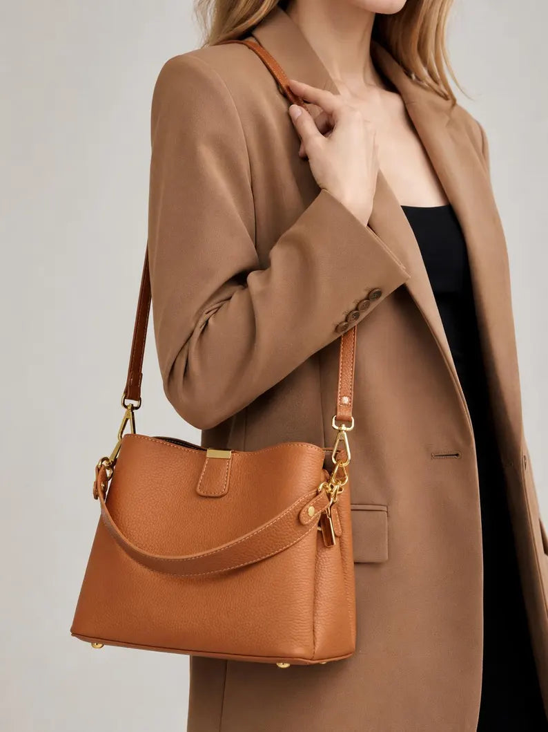 Pebbled Leather Dual Wear Shoulder & Crossbody Bucket Bag