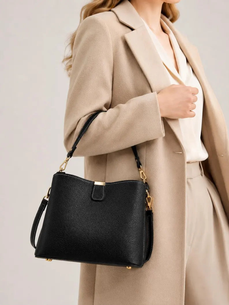 Pebbled Leather Dual Wear Shoulder & Crossbody Bucket Bag