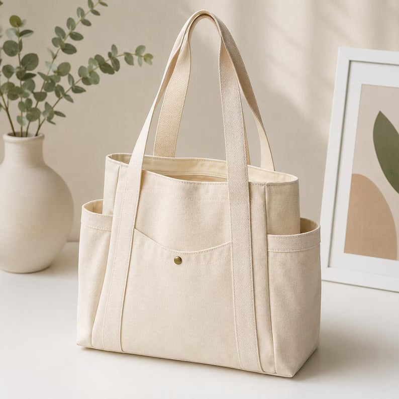 Beige Canvas Multi-Pocket Casual Work & School Tote Bag