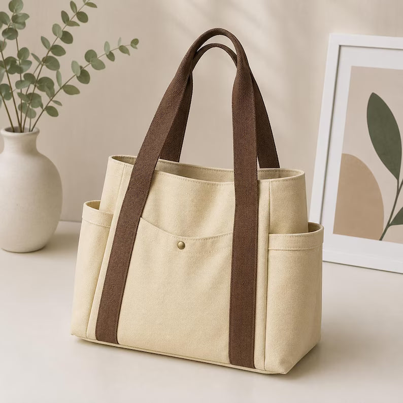 Beige Canvas Multi-Pocket Casual Work & School Tote Bag