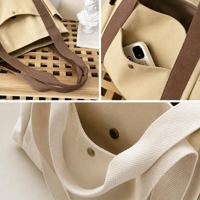Beige Canvas Multi-Pocket Casual Work & School Tote Bag
