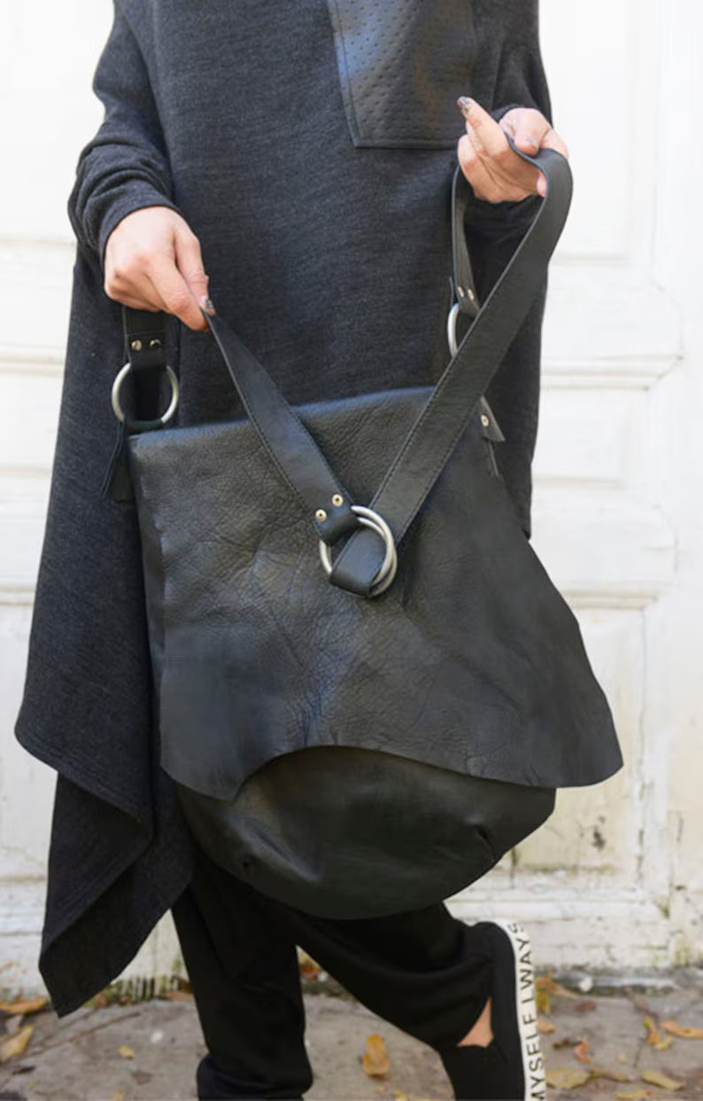 Black Soft Leather Flap Slouchy Crossbody Shoulder Bag